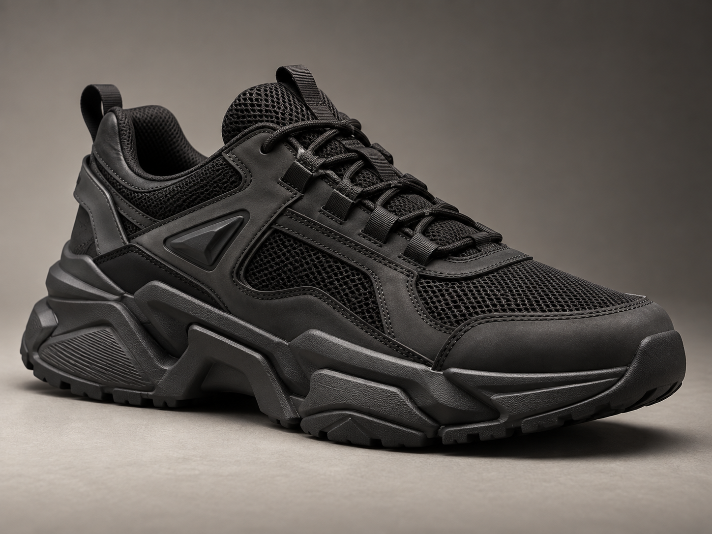 Unbranded black concept sneaker in a studio setting